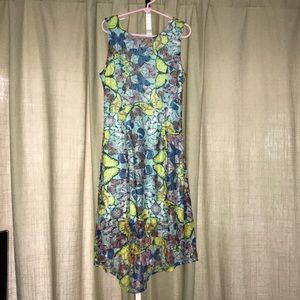 A fit and flare dress with a butterfly pattern.